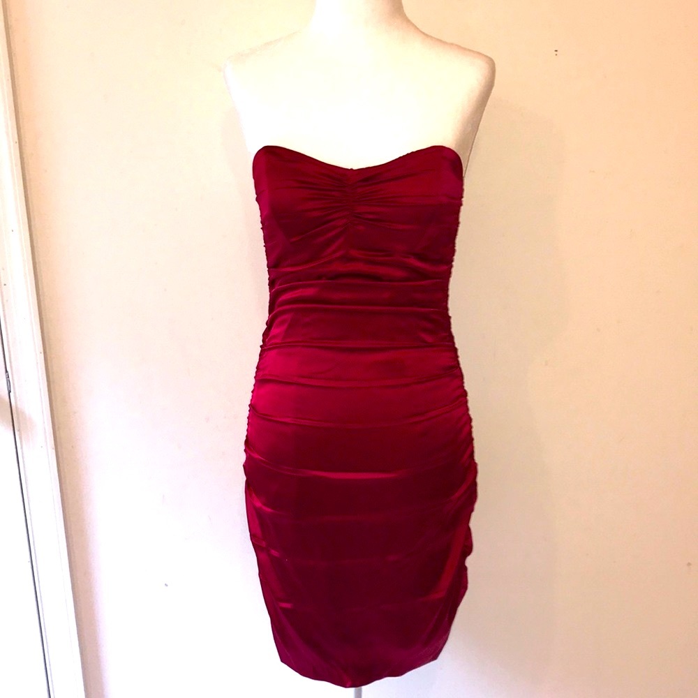 Express Silk Ruched Strapless Red Dress - Sz 2 - Picture 1 of 8